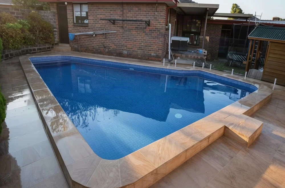 A finished pool holding clear water on a weekly route