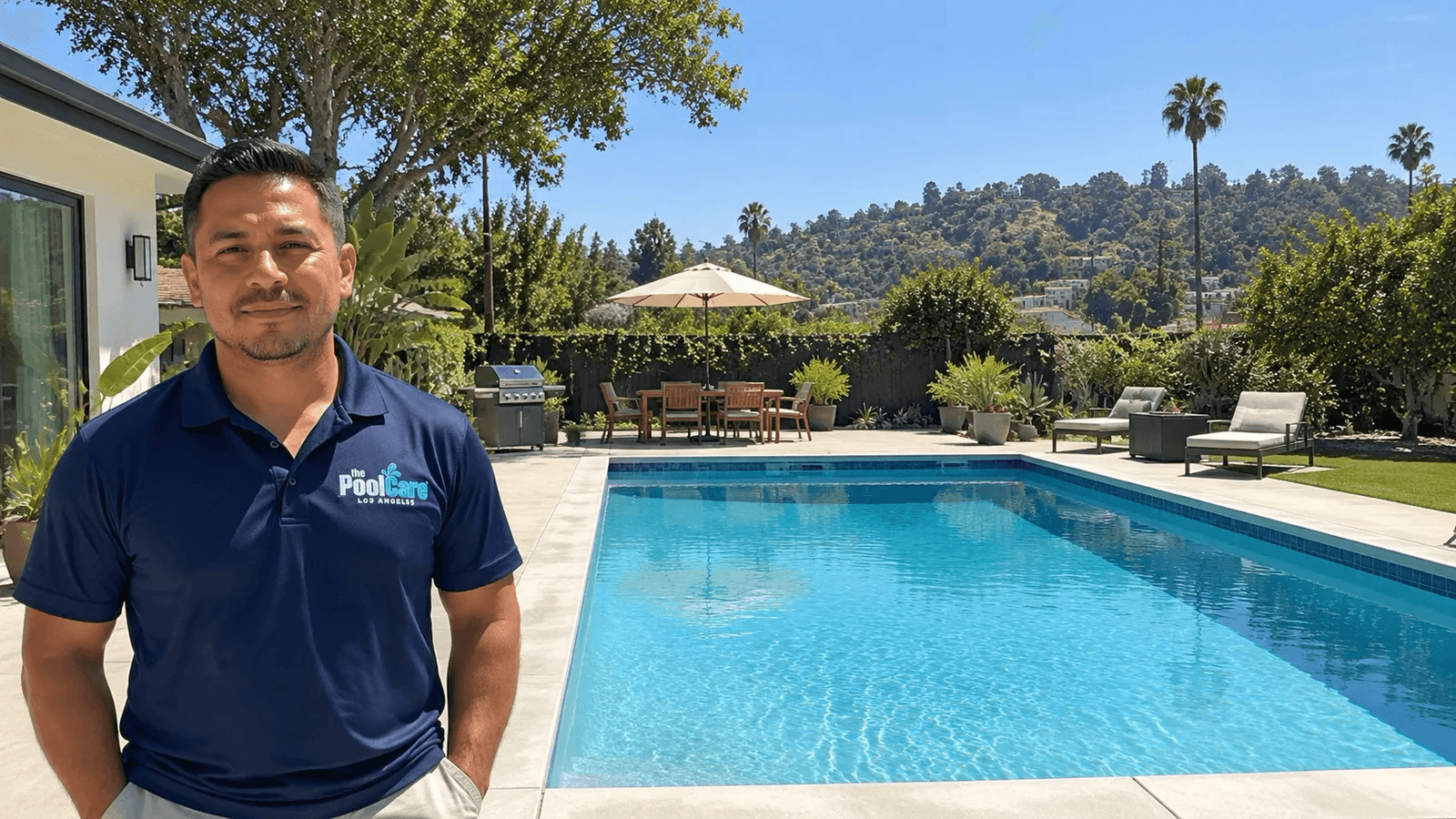 The owner of Pool Care LA beside a Los Angeles backyard pool